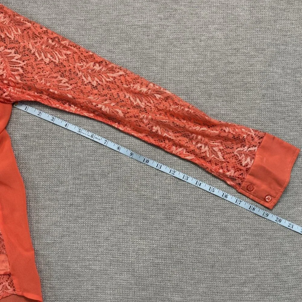 BKE Boutique Sheer Blouse Womens Sz Medium Stripe Lace Long Sleeve Coral Orange - Picture 13 of 15